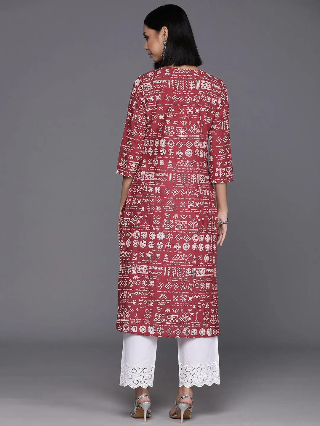 Varanga Women Maroon & White Printed Straight Kurta