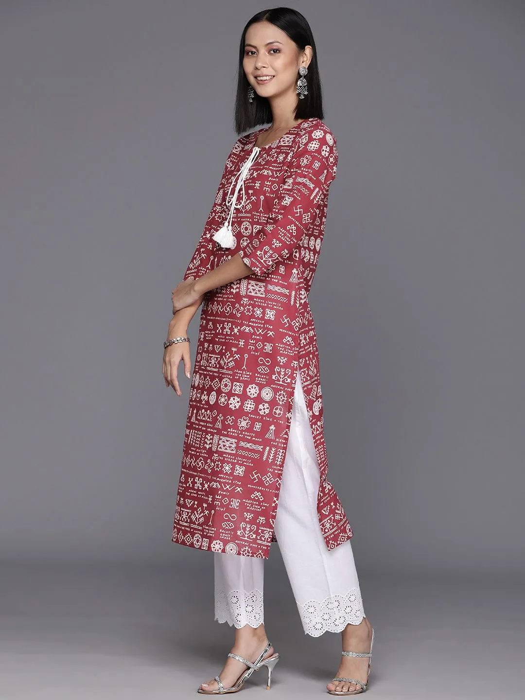 Varanga Women Maroon & White Printed Straight Kurta