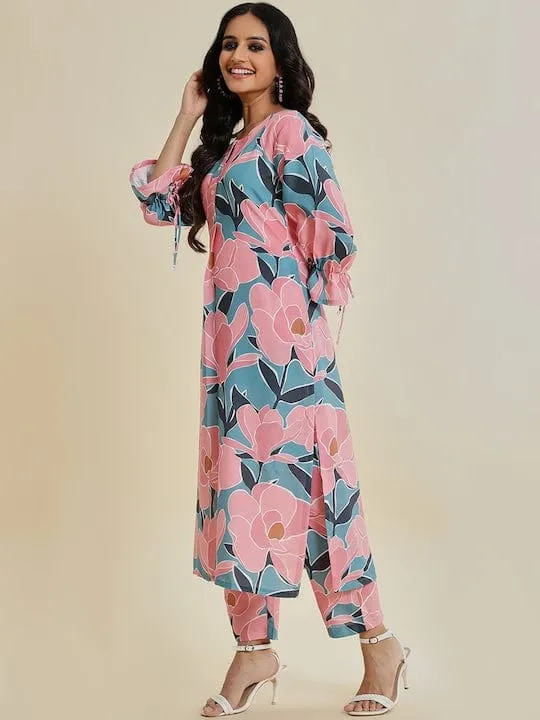 Varanga Women Teal And Pink Floral Printed Straight Kurta Paired With Bottom