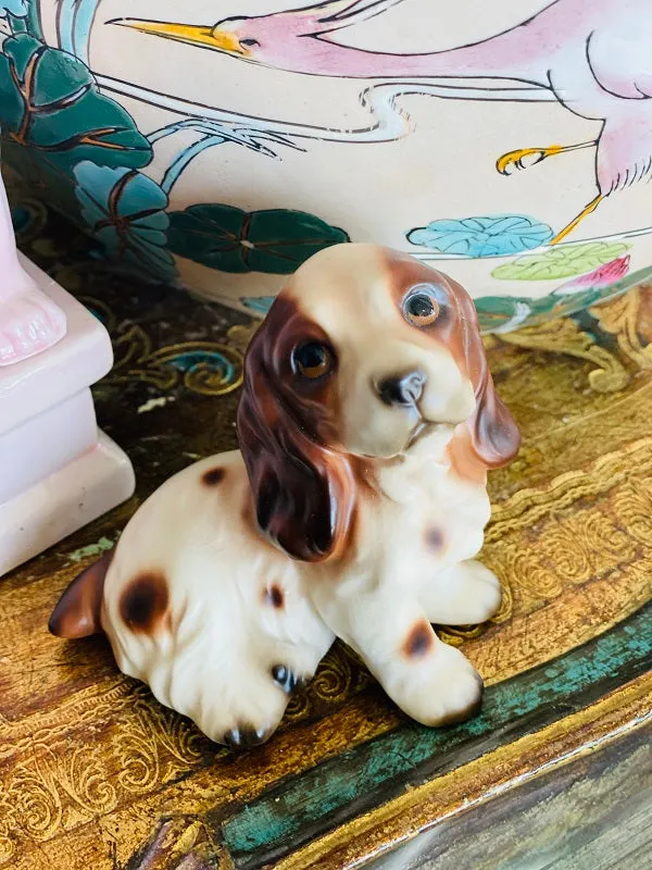 Vintage Dog Figurine Spotted Brown and Cream from Japan (Dark Brown Puppy Eyes)