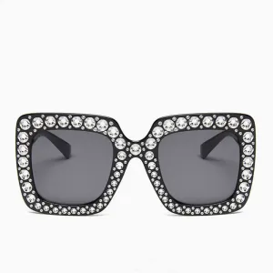 Vintage Style Galaxy Rhinestone Frame Square Sunglasses - Black