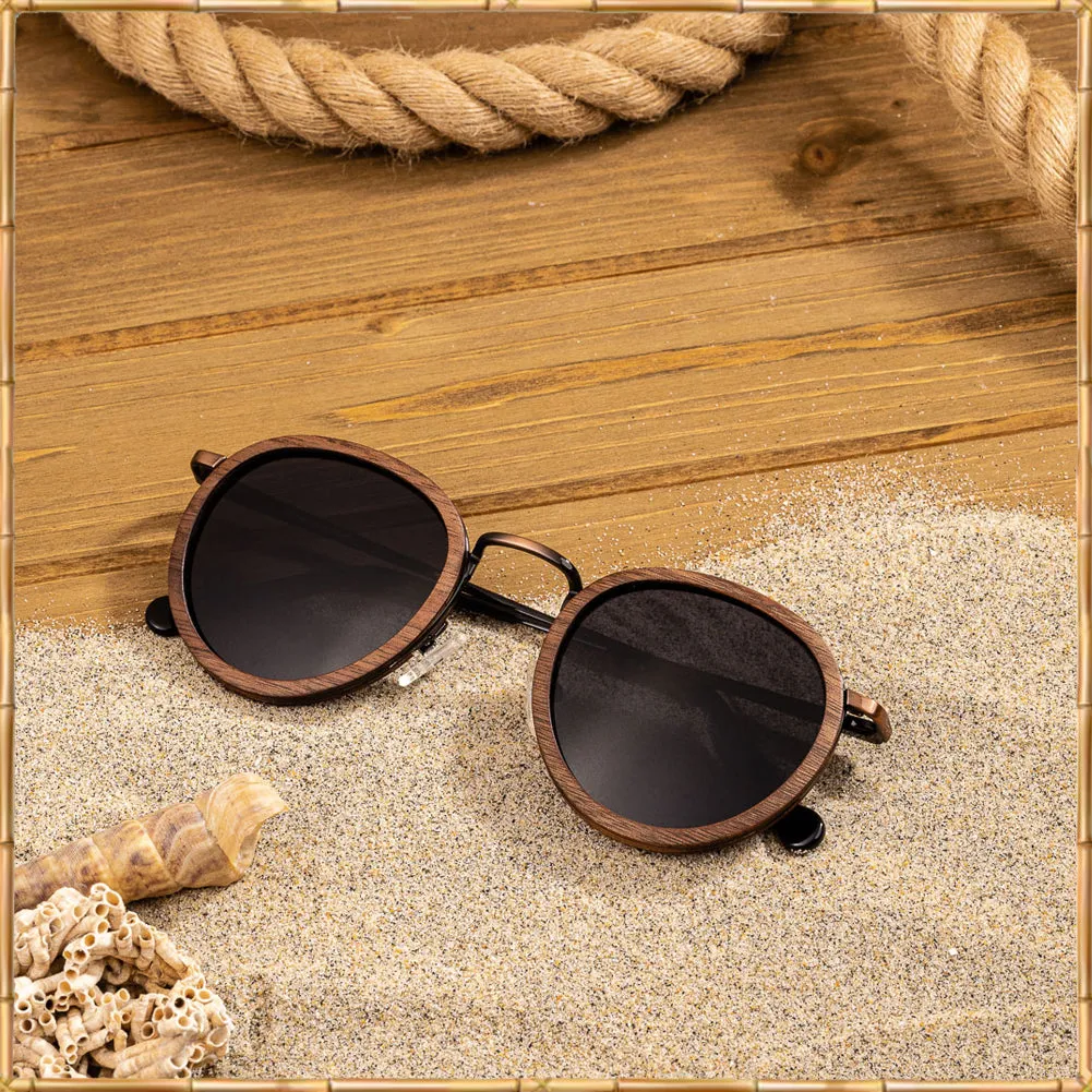 Walnut Wood and Copper Round Sunglasses with Polarized Lens and Wood Display Box