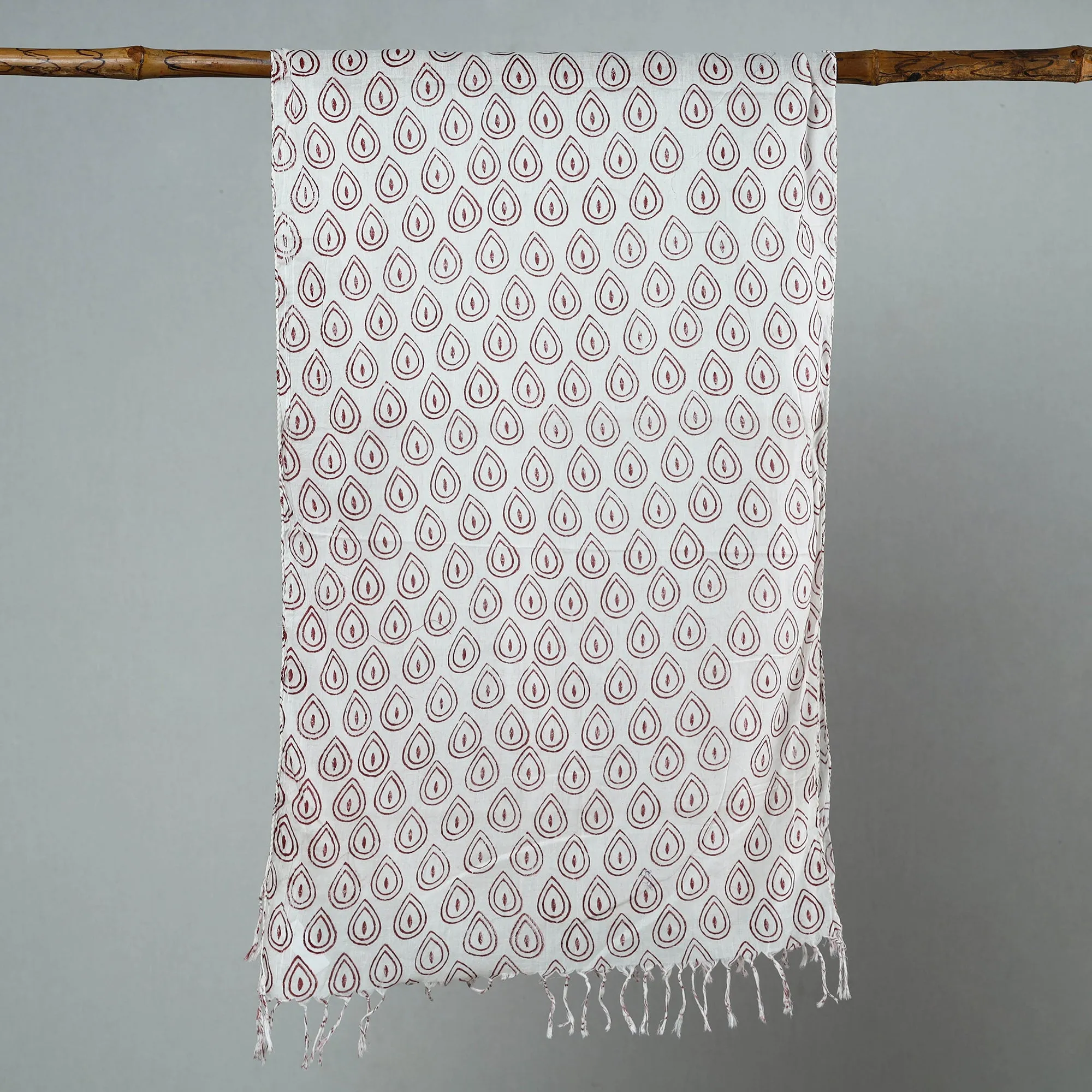 White - Sanganeri Block Printed Cotton Stole with Tassels 264