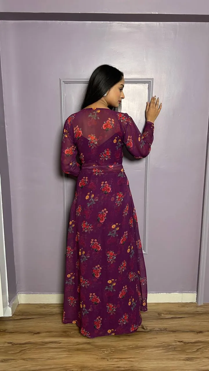 Wine Color Modern Digital Print Georgette Indo-Western Set