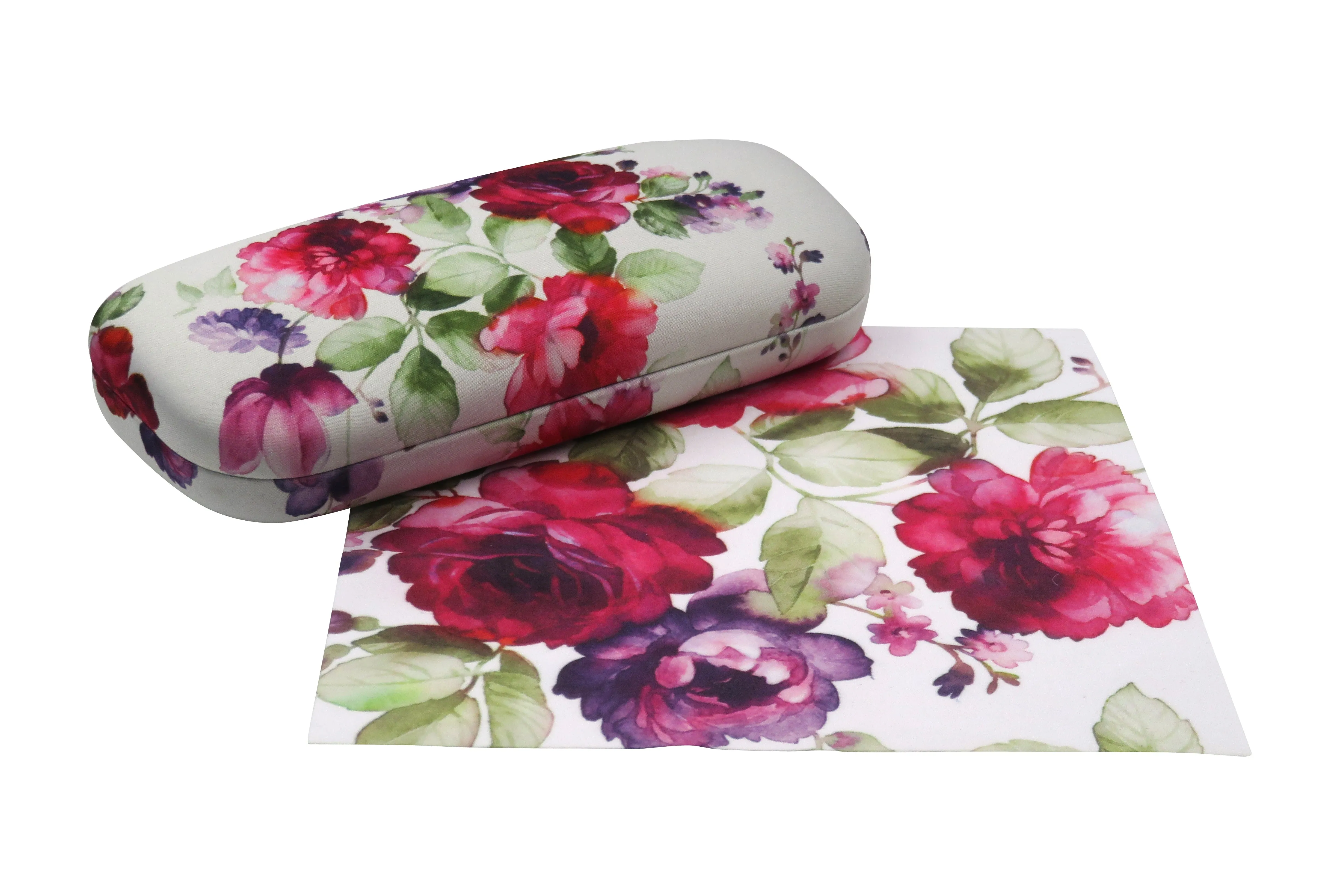 Women glasses case - Hard Floral Eyeglasses Case with Pouch & Cloth - Medium Frames (AS126 Cranberry Rose)