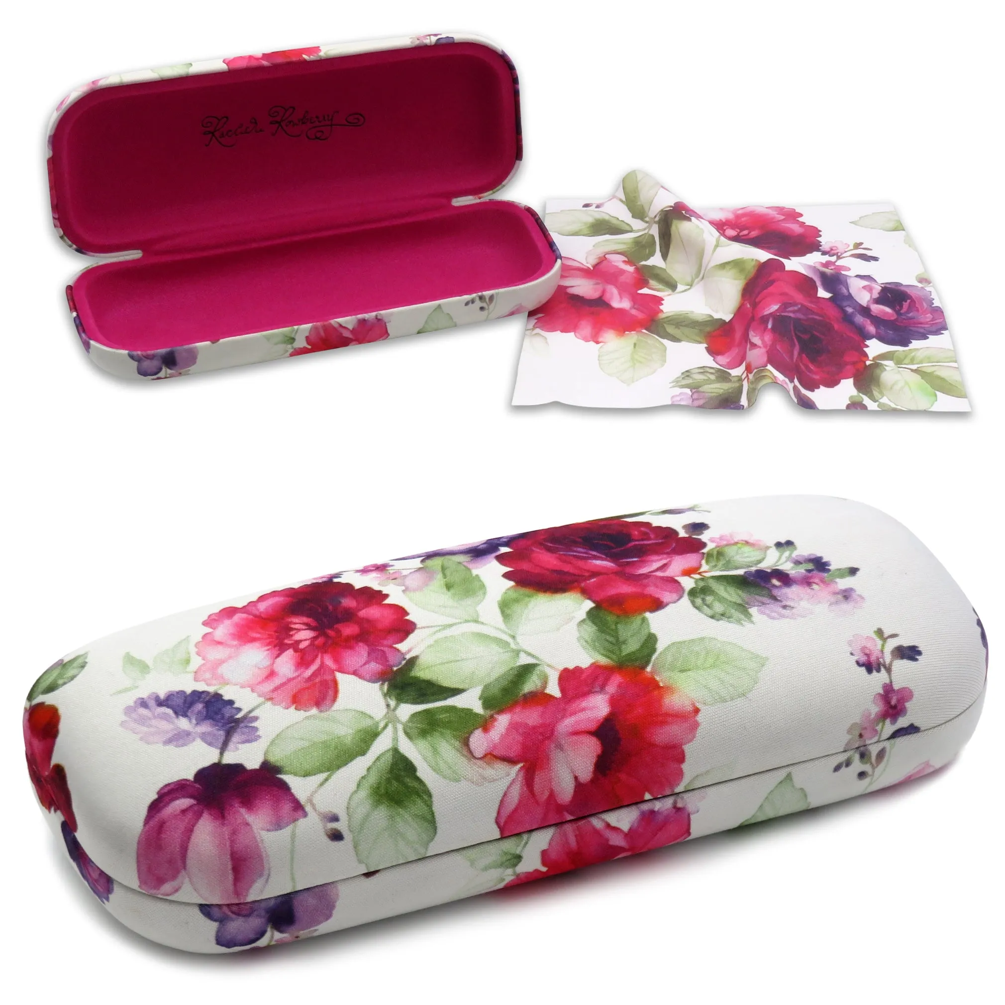 Women glasses case - Hard Floral Eyeglasses Case with Pouch & Cloth - Medium Frames (AS126 Cranberry Rose)