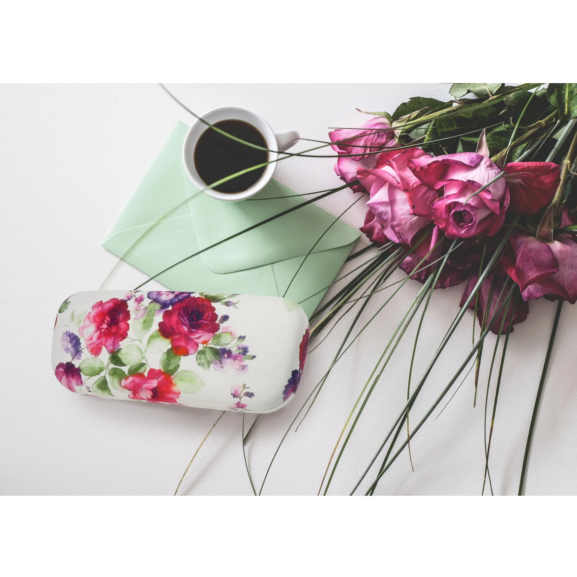 Women glasses case - Hard Floral Eyeglasses Case with Pouch & Cloth - Medium Frames (AS126 Cranberry Rose)