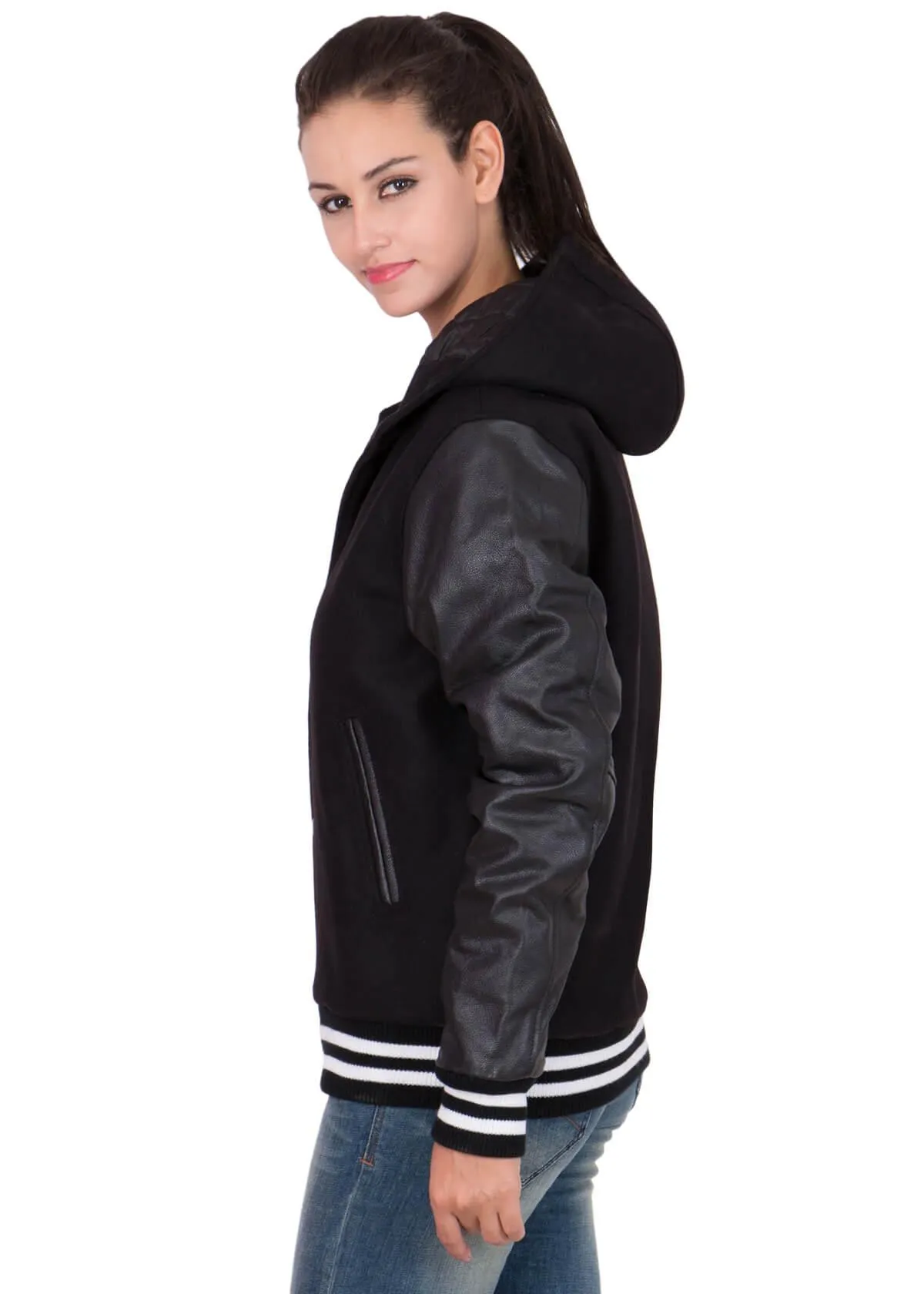 Womens Black Hood Varsity Jacket With Leather Sleeves