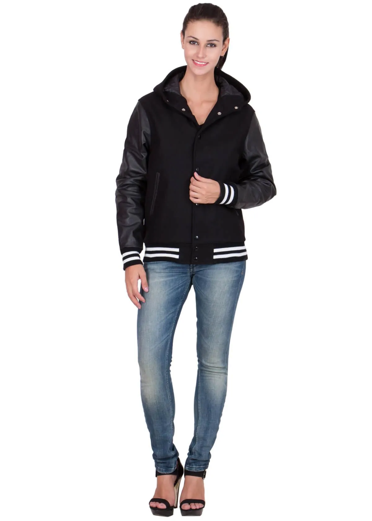 Womens Black Hood Varsity Jacket With Leather Sleeves